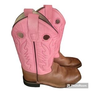 OLD WEST Brown Pink Leather Square Toe Cowgirl Boots BSL1839 Girl Size 3.0‎ D